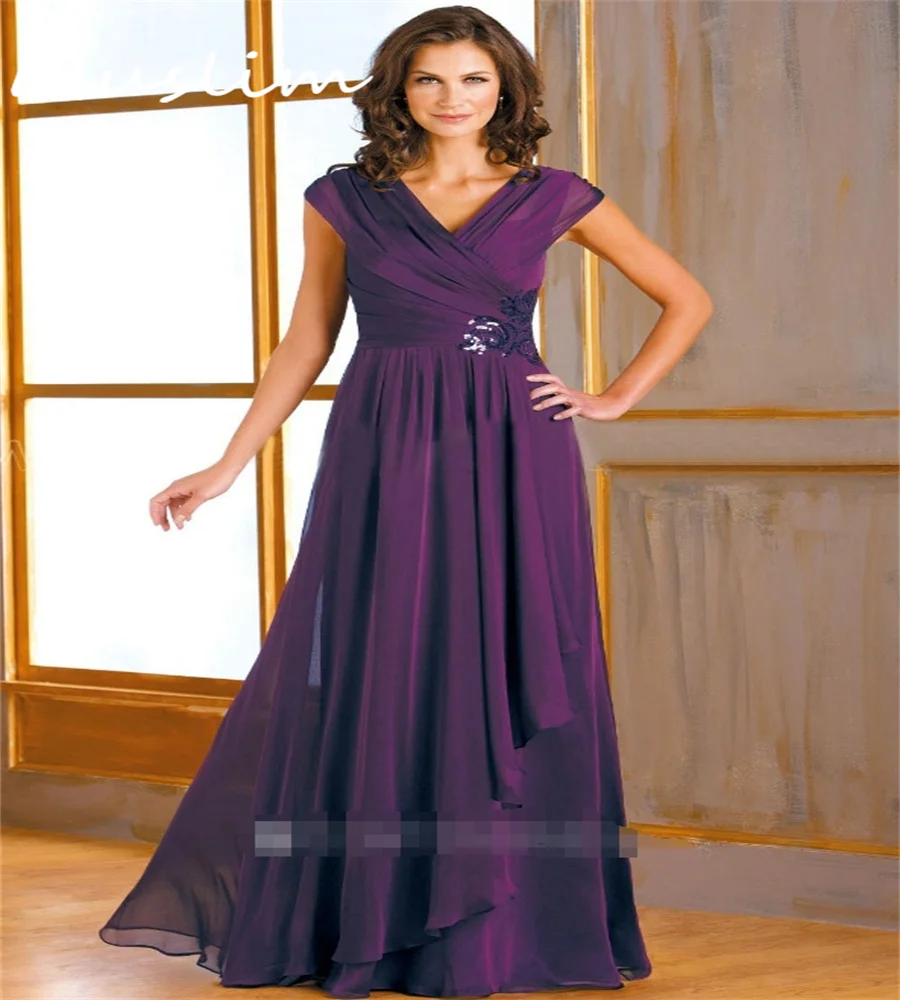 

Chic Purple Mother Of The Bride Dress V Neck Floor Length Chiffon Groom Mother Reception Party Dress With Sequin Elegant Evening