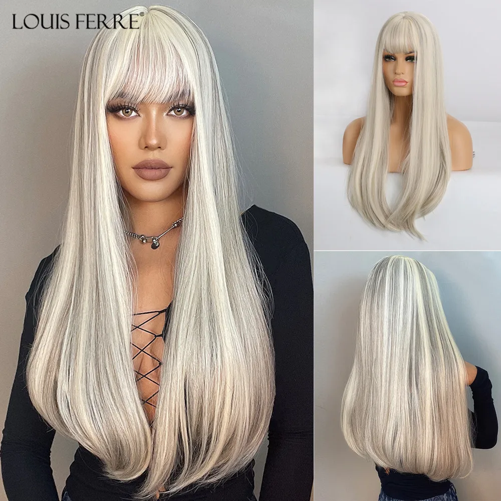 Louis Ferre Parrucche Bianche Lunghe Sintetiche Con Frangia Parrucche Diritte Cosplay Con Capelli Finti Naturali Di Evidenziazione Marrone Per Donne N