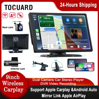 TOGUARD 무선 애플 카플레이, 안드로이드 자동 카플레이 화면, 카플레이 모니터, 2.5K 대시캠 DVR, GPS 와이파이 BT, 역방향 카메라 포함, 9 인치