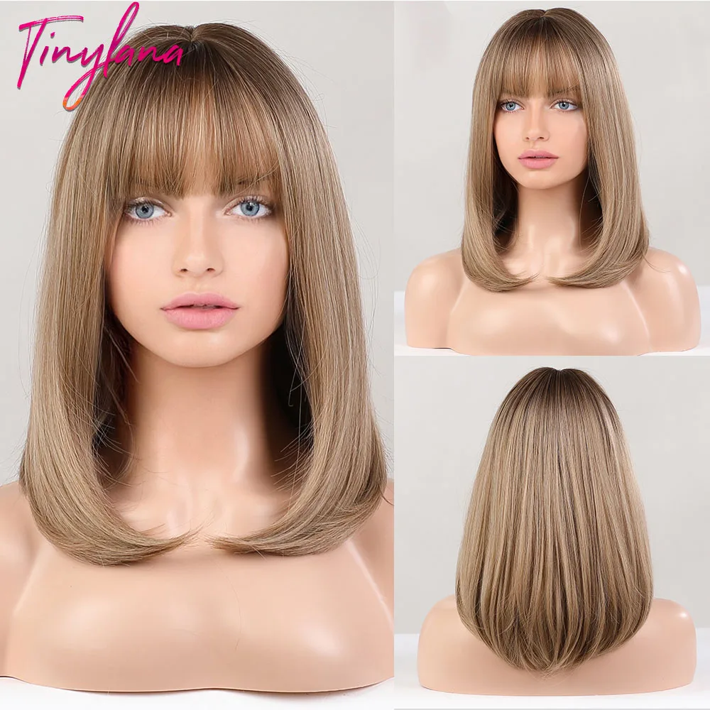 Brown Blonde Short Straight Synthetic Hair Wigs with Bangs for Women Golden Highlight Bob Wigs Cosplay Natural Heat Resistant image_0