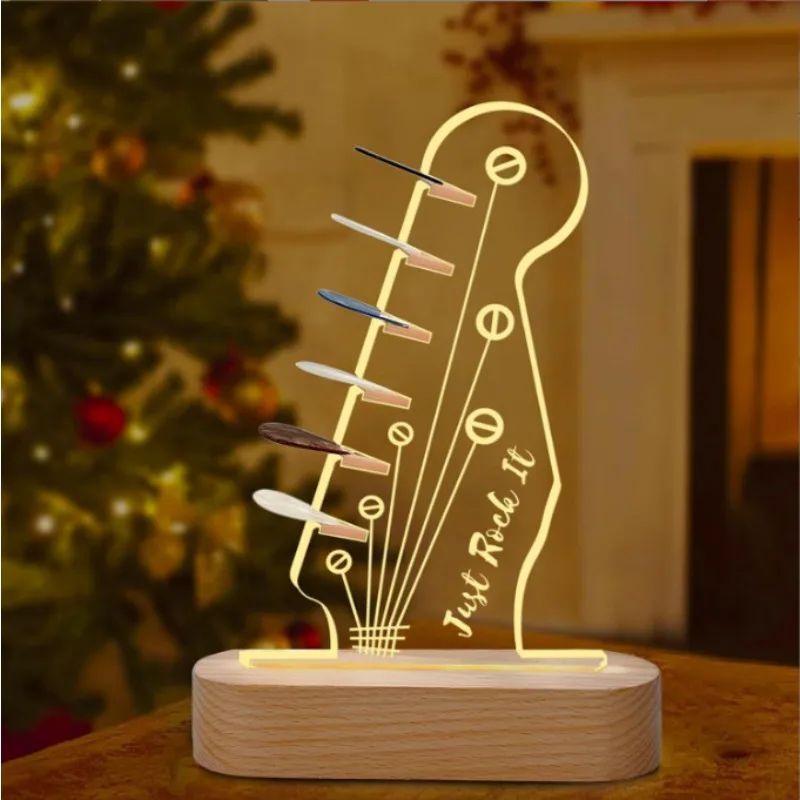 New 3D Ambient Night Light - Wooden Guitar Pick Organizer Acrylic Creative Gift Lamp with Storage Function for Music Lovers Home