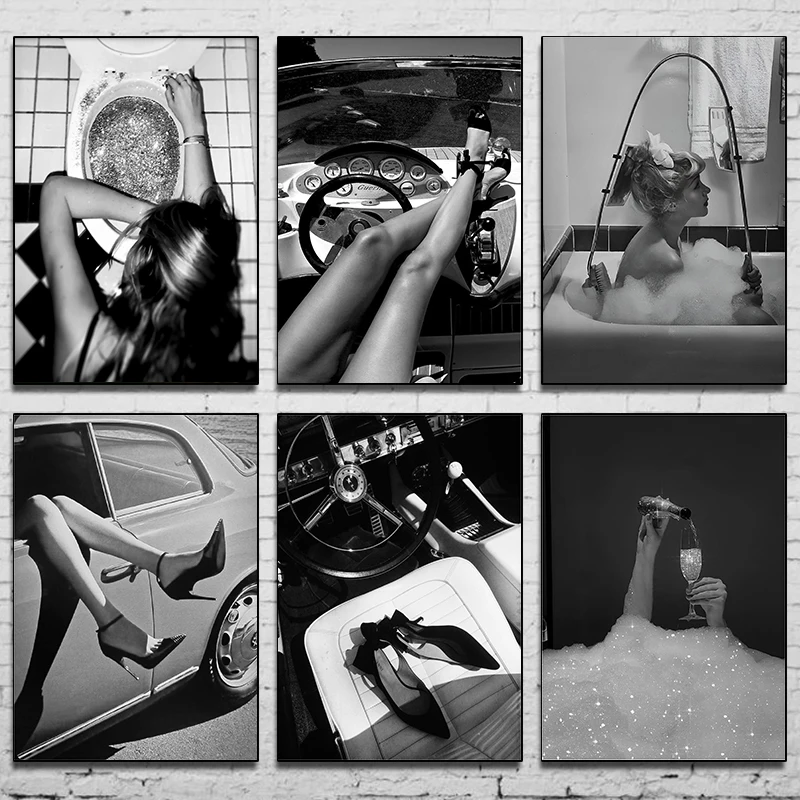 Black and white poster Beauty in the bathroom high -heeled shoe beautiful legs Canvas printing Poster wall art decor Home decor