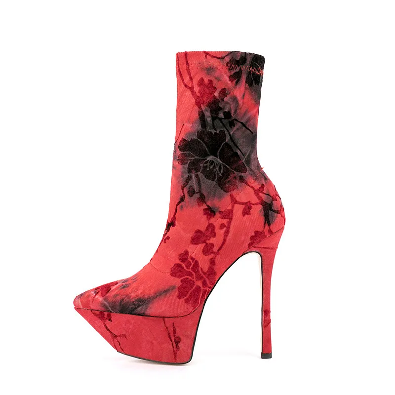 

Women's Platform Thick Soled High-heeled Boots Pointed Print Thin High-heeled Ankle Boots Fashion Sexy Short Boots Winter