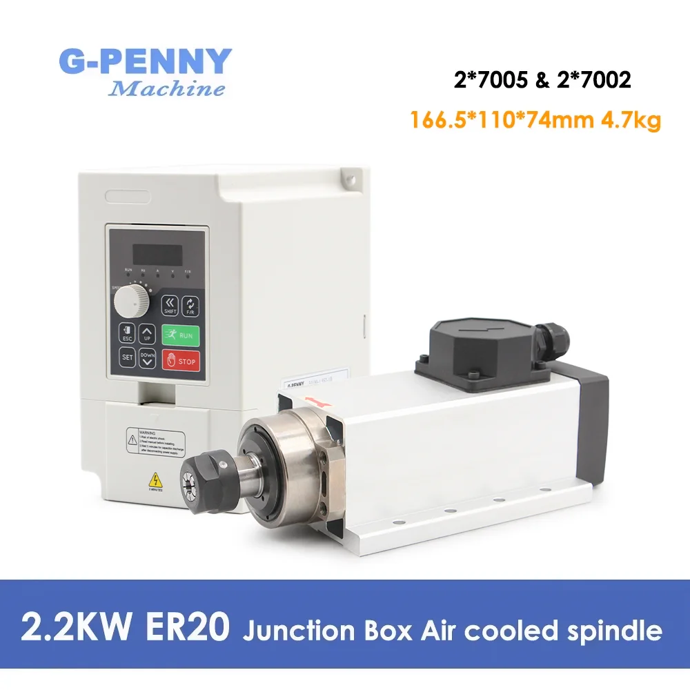 G-Penny 220V 2,2kW ER20 Luftgekühlter Spindelmotor 4 Lager 0,01mm Genauigkeit Quadratischer Typ Mit Flansch und 2,2kW H100 Wechselrichter