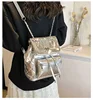 Brand Designer Laser Shiny Patent Leather Women's backpack  Casual Chain Drawstring Lock  Bucket School Bag Travel Bag 4