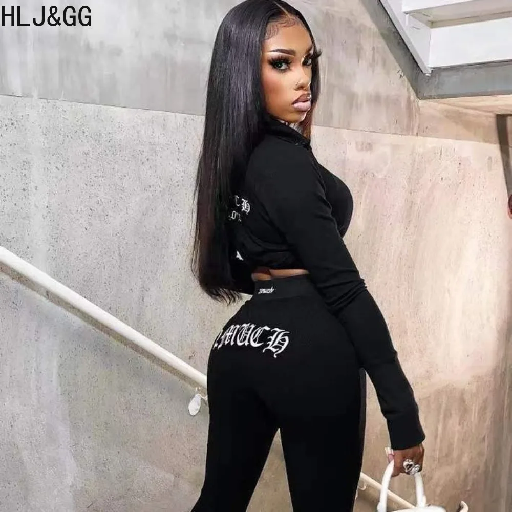 

HLJ&GG Black Fashion Letter Print Tracksuits Women Deep V Button Long Sleeve Crop Top+Skinny Pants Two Piece Sets Female Outfits