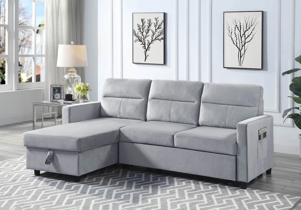 

Ruby Light Gray Velvet Reversible Sleeper Sectional Sofa with Storage Chaise and Side Pocket