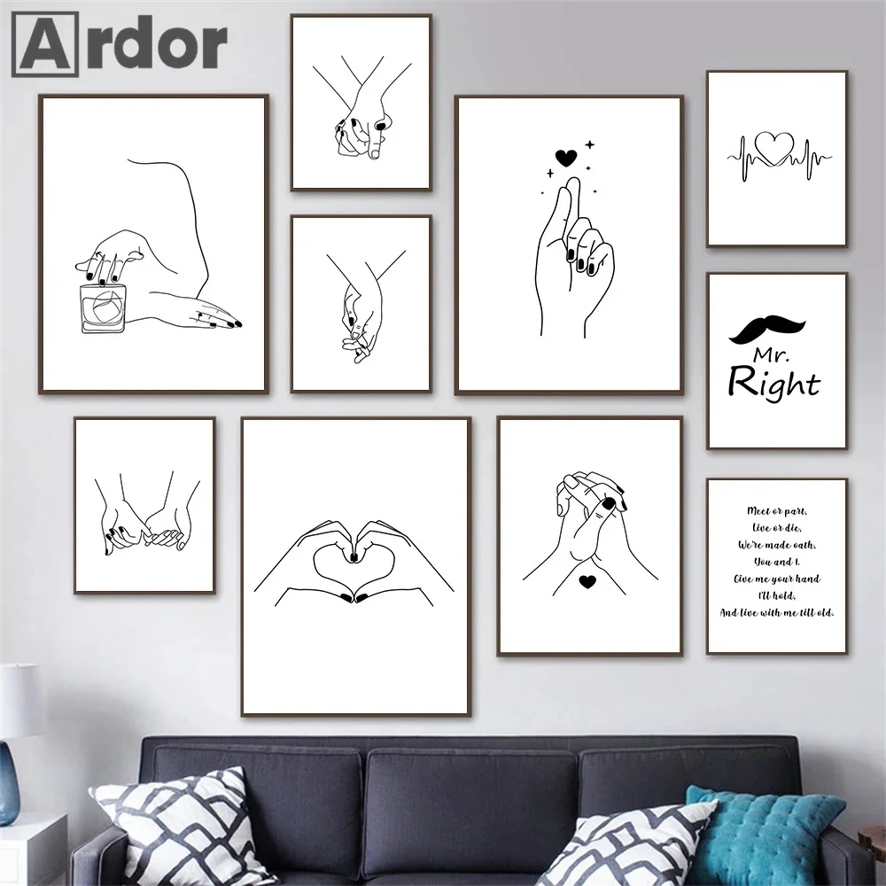 

Fashion Couple Line Drawing Poster Hand In Hand Wall Art Canvas Painting Picture Abstract Lips Love Letter Bedroom Home Decor