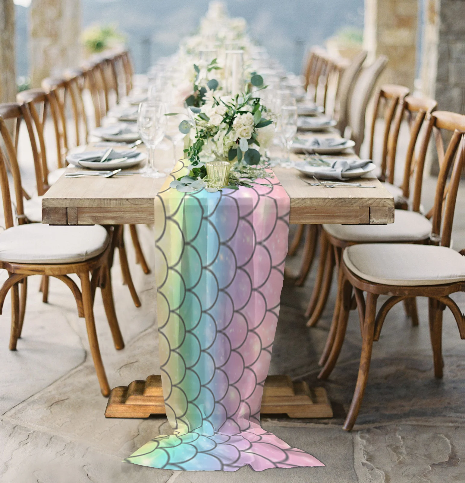 Mermaid Scales Ocean Rainbow Sheer Chiffon Table Runner Country Wedding  Party Birthday Tulle Voile Table Cloth Home Decoration