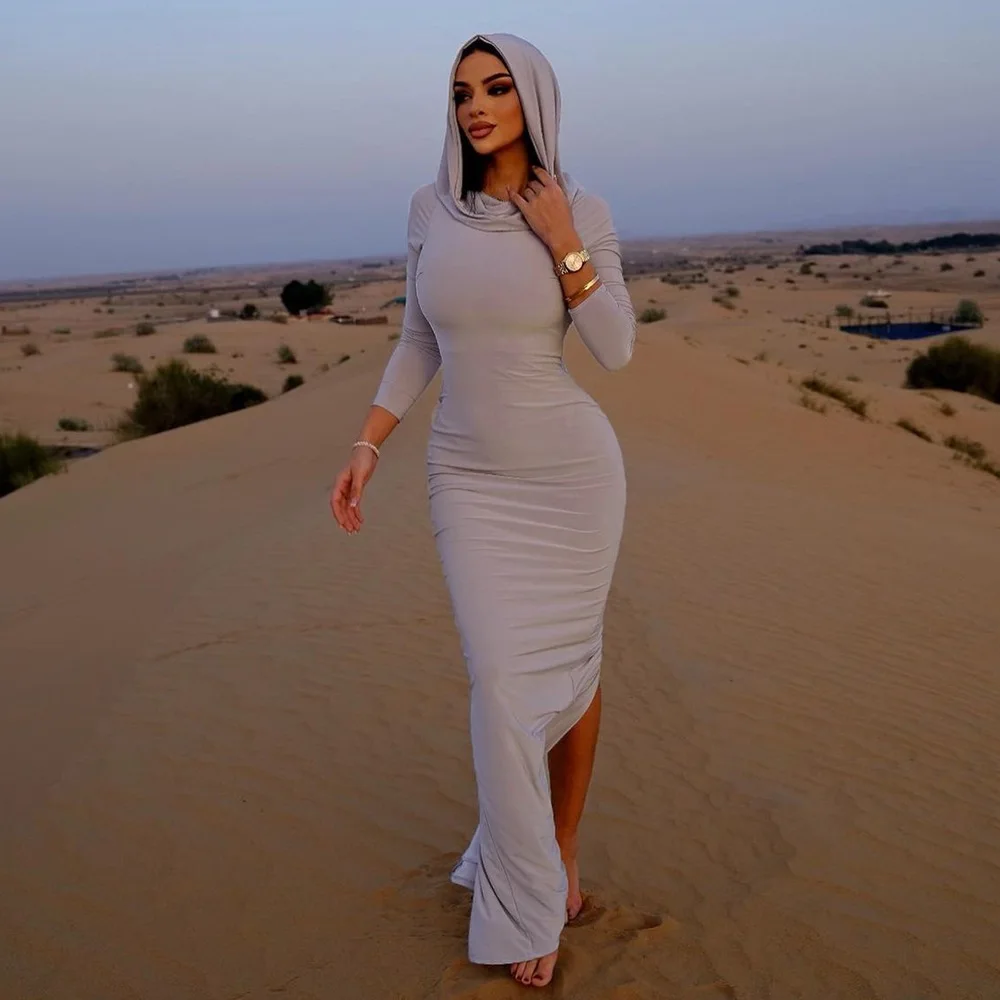 

Fashion Slim White Bodycon Hooded Long Dresses Summer Outfits for Women2023 Sexy Long Sleeve Slit Maxi Dresses Casual Grey Dress