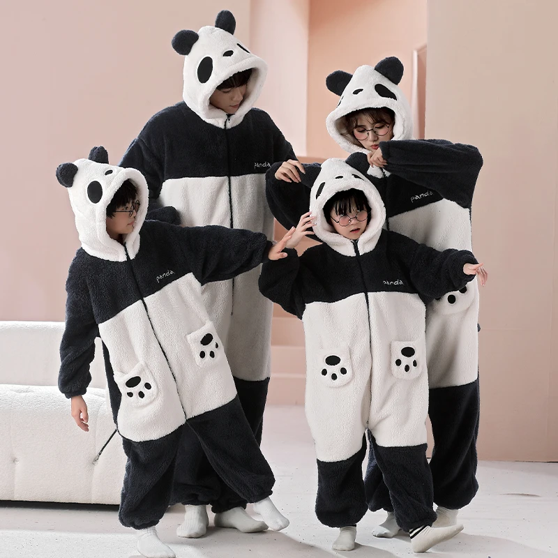 Family Parent-Child Outfit Pijamas Jumpsuits Winter Thicken Pajamas Hoodies Soft Warm Kawaii Sleepwear Cartoon Bear Women Men