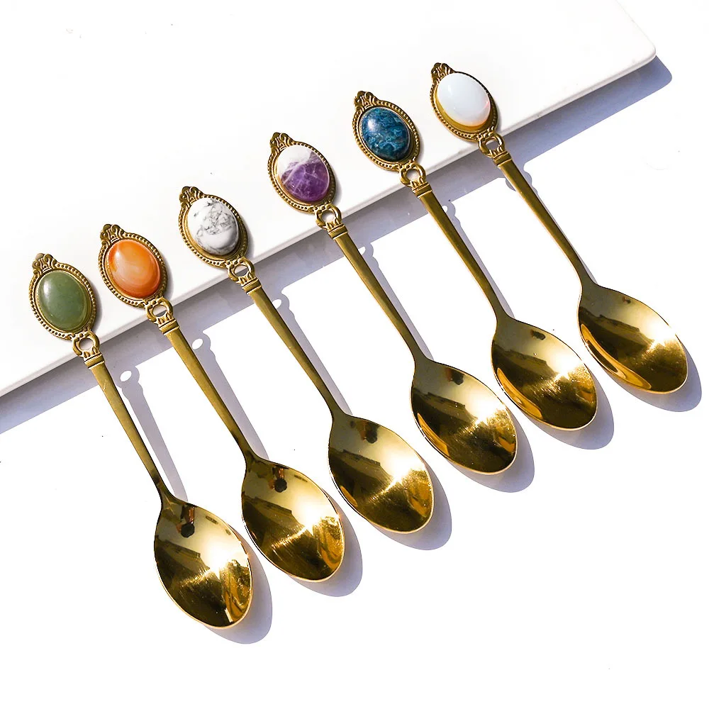 Stainless Steel Spoon Golden Stainless Steel Spoon Coffee Tea Dessert Spoons with Natural Crystal Stone Quartz Handle Creative for Home Office Decor
