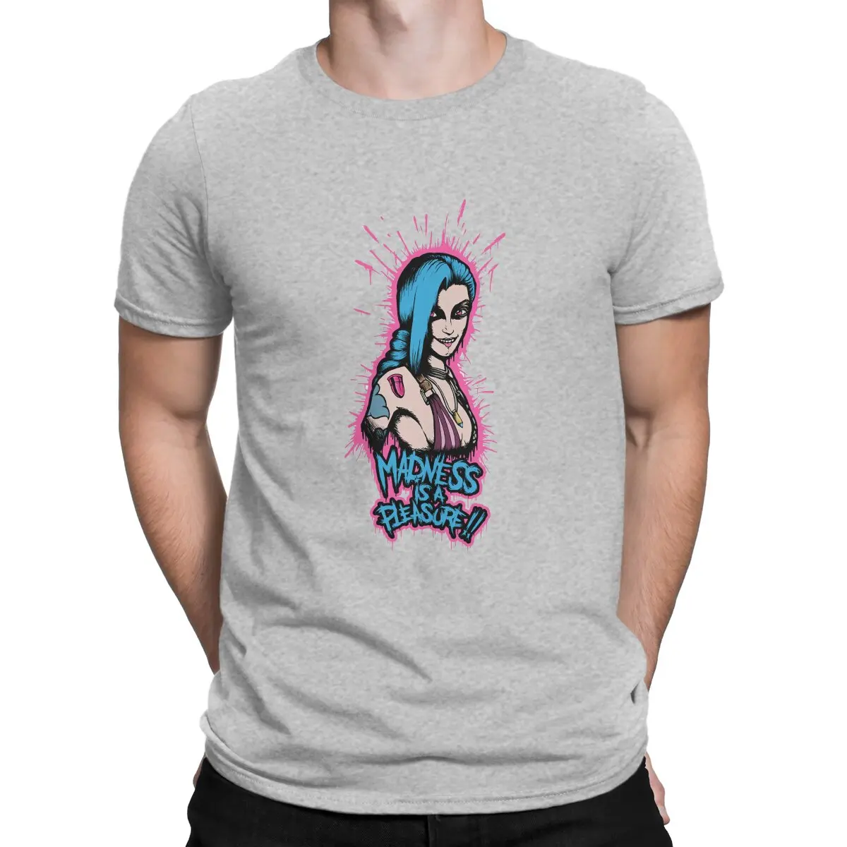 Impresionantes camisetas Jinx Madness para hombre, de algodón, con cuello redondo, de Arcane League of Legends, LOL Game, de manga corta, para fiestas.