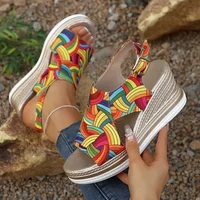 Rainbow Graffiti Wedge Heels Sandals for Women Summer 2025 Peep Toe Platform Sandals Woman Buckle Strap Thick Bottom Beach Shoes