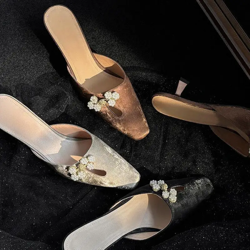 New Chinese style retro baotou half slippers for women, summer slim heels, Muller sandals, medium high heels, square toe