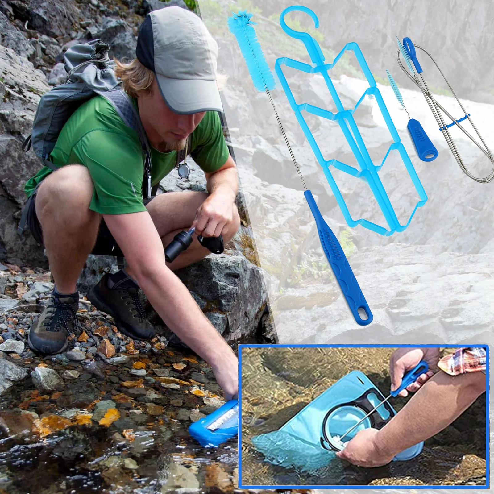 Nettoyage Poche Eau Kit Nettoyage Poche Hydratation 4 En 1 - Brosse Flexible 92cm - Séchage Réservoir Eau - Randonnée Kit Hydratation