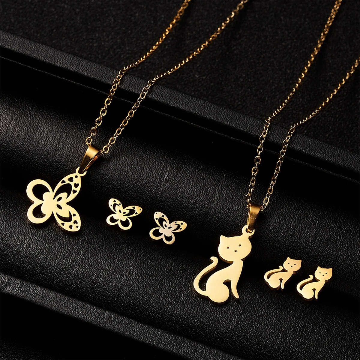 Classic Stainless Steel Cat Pendant Necklace Earrings Set For Women Cartoon Butterfly Star Flower Jewelry Set Anniversary Gifts