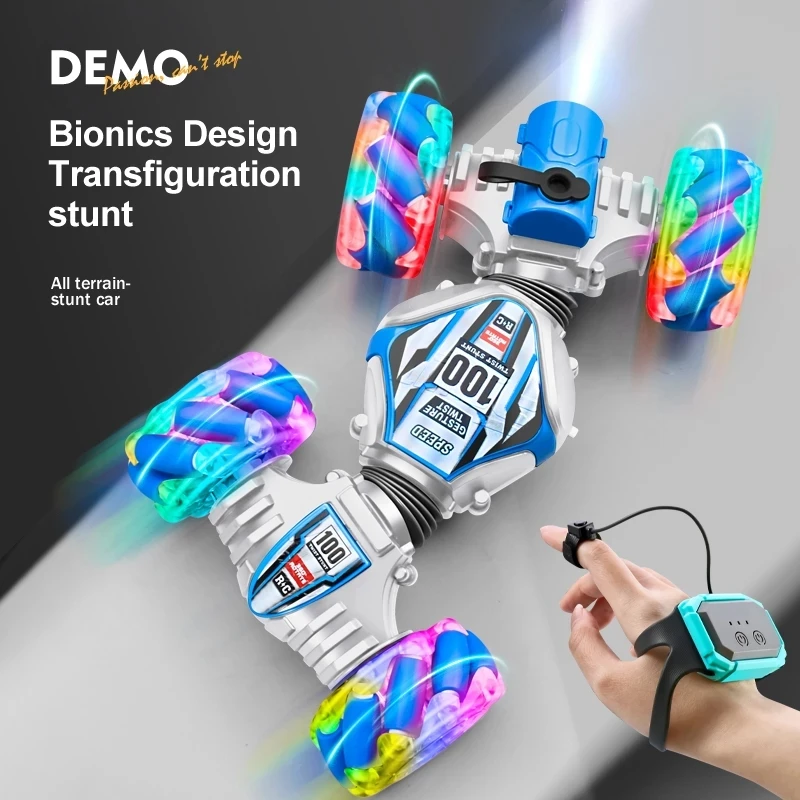 

4WD Rc Stunt Car 2.4G Radio Gesture Induction Music Light Stunt Spray Remote Control Car 1:24 Watch Control Twist Car Boy Toys