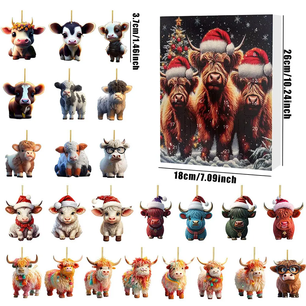 2024 Holiday Advent Calendar Collectible Funny Cow Set Cow Ornaments Acrylic Cartoon Highland Cow Hanging Decorations Home Decor