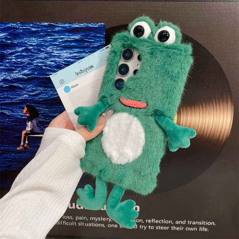Fluffy 3D Cartoon Frog Eyes Plush Phone Case - Shockproof Protective Cover
