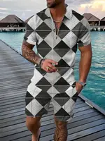Color Gradient 2 Pcs Sets Golf Summer Fashion Mens Polo Shirts Short Sleeve + Short Pants Sets Tracksuit Casual Beach Suit 2