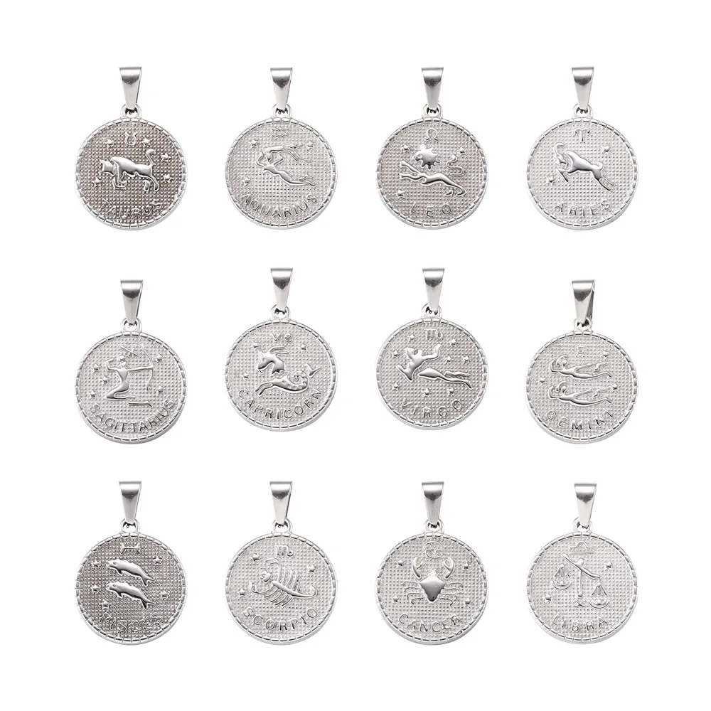 12pcs/set Stainless Steel Pendant Flat Round with Twelve Constellation/Zodiac Sign For DIY Jewelry Necklace Making Accessories