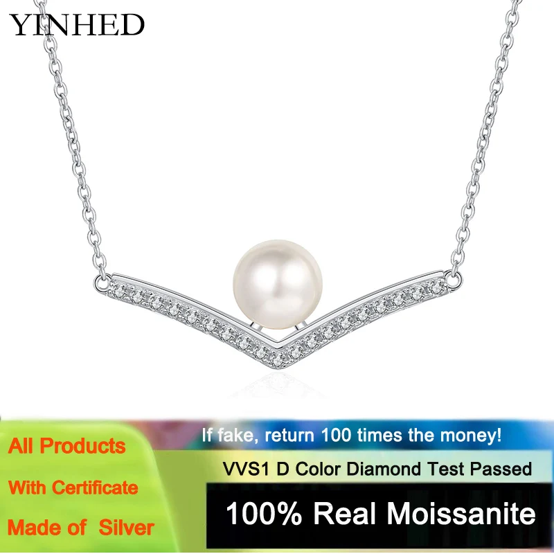 

Yanleyu 925 Sterling Silver Clavicle Chain Women's Original 8mm Flawless Freshwater Pearl V-shaped Moissanite Necklace Gift