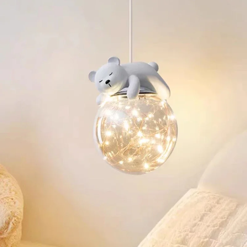 

Cute Children's Room Chandeliers White Bear Bunny Lamps Simple Modern Baby Room Girl Boy Bedroom Bedside Chandelier Glass Lights