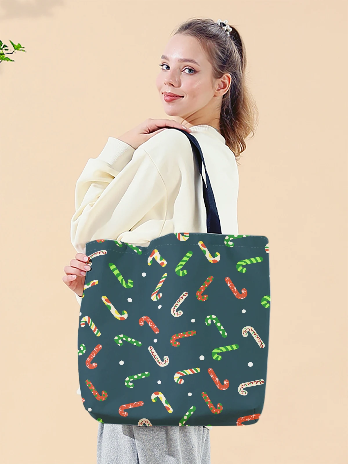 Christmas themed printed casual handbag, reusable fashionable backpack, multifunctional handbag, canvas shopping bag