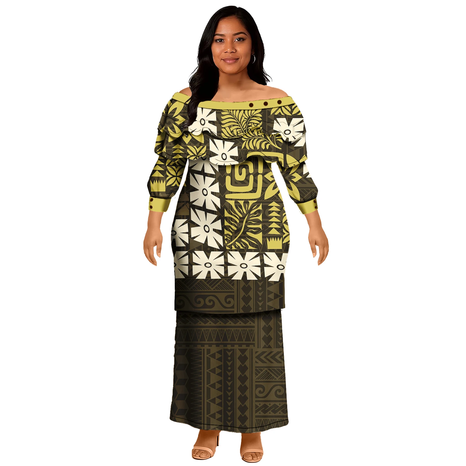 Pacific Island Style Dress Custom Samoan Puletasi Tonga Puletaha Ptaha 2pcs Ladies Tops and Fishtail Skirts 2 Pieces Set