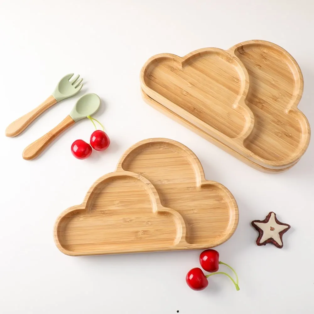 

2Pcs/1Set Baby Feeding Cartoon Cloud Bamboo Dinner Plate Silicone Suction Cup Wooden Spoon Kid Personalized Gifts