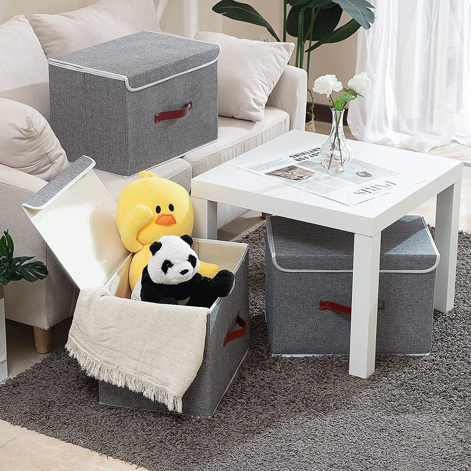 New Linen Fabric Foldable Storage Box Cube Closet Organizer for Toys Shelves Clothes with Lid Faux Leather Handles 5