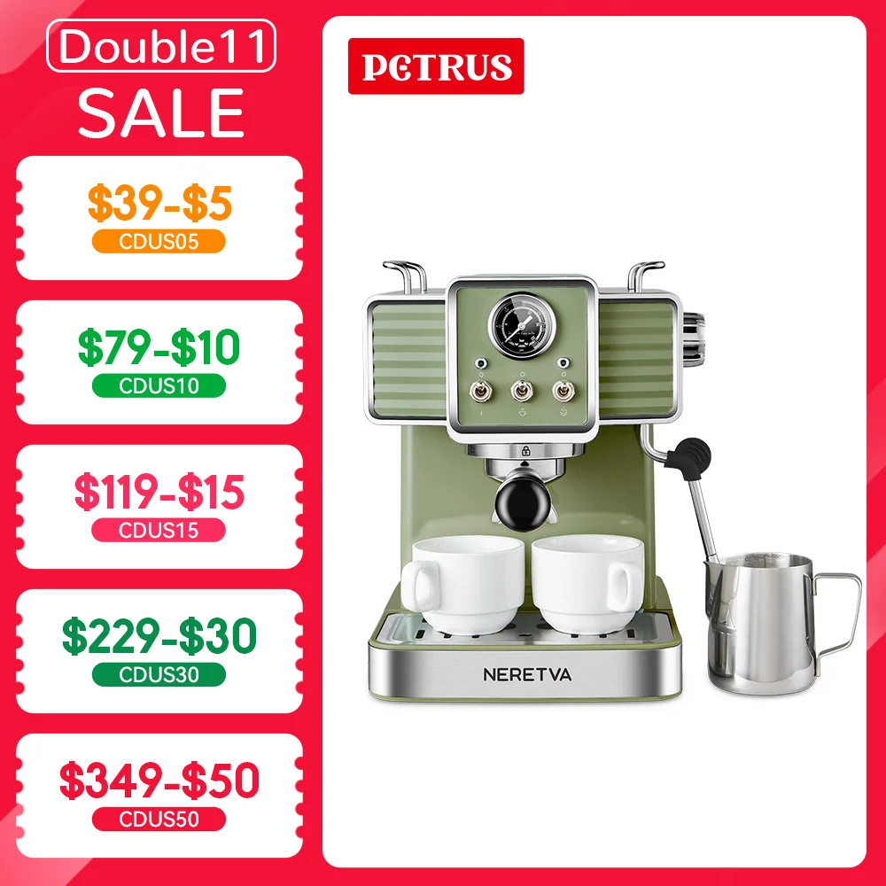 Neretva Espresso Coffee Machine 15 Bar Espresso Coffee Maker with Milk Frother Steam Wand Cappuccino, Latte for Home Barista