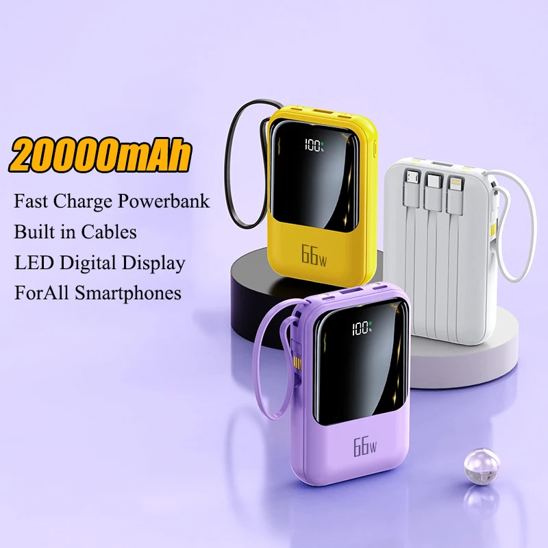 

Power Bank 20000mAh With Cable 66W PD 20W Two-Way Fast Charging Powerbank External Battery Pack for iPhone Huawei Xiaomi Samsung
