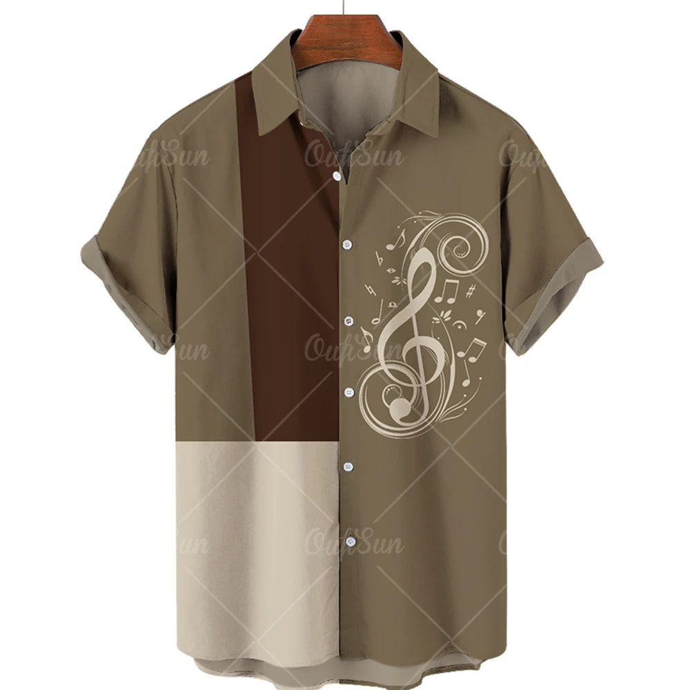 

Summer Men's Hawaiian Shirt Fashion 3D Piano Men's Shirt Music Notes Short Sleeve Lapel Single Button Shirt Beach Men's Clothing