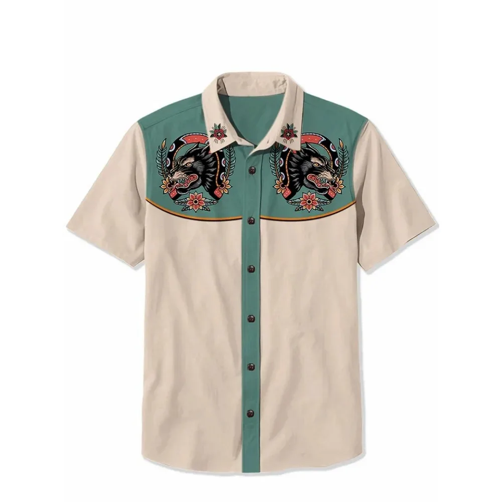 Retro Tattoo Cotton Shirts Men's Hawaiian Shirt Summer Short Sleeve Button Down Casual Shirt Classic Holiday Beach Tops