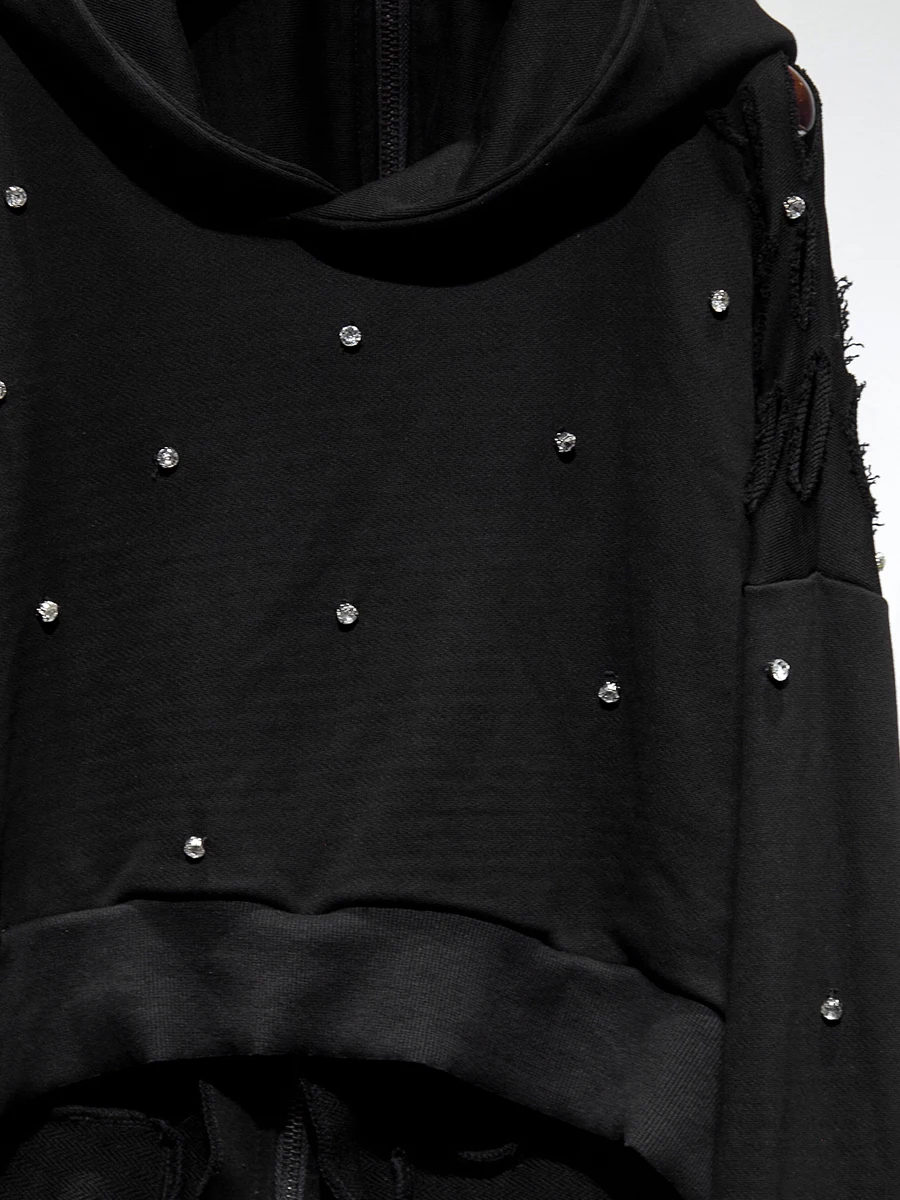 Black Zip Hoodie Rhinestones | Rhinestone Hoodie Streetwear