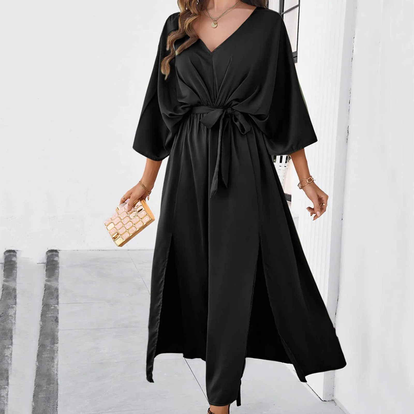 

Элегантное вечернее длинное платье, летнее женское Однотонное Платье макси с V-образным вырезом и рукавом летучая мышь, женские платья с зауженной талией