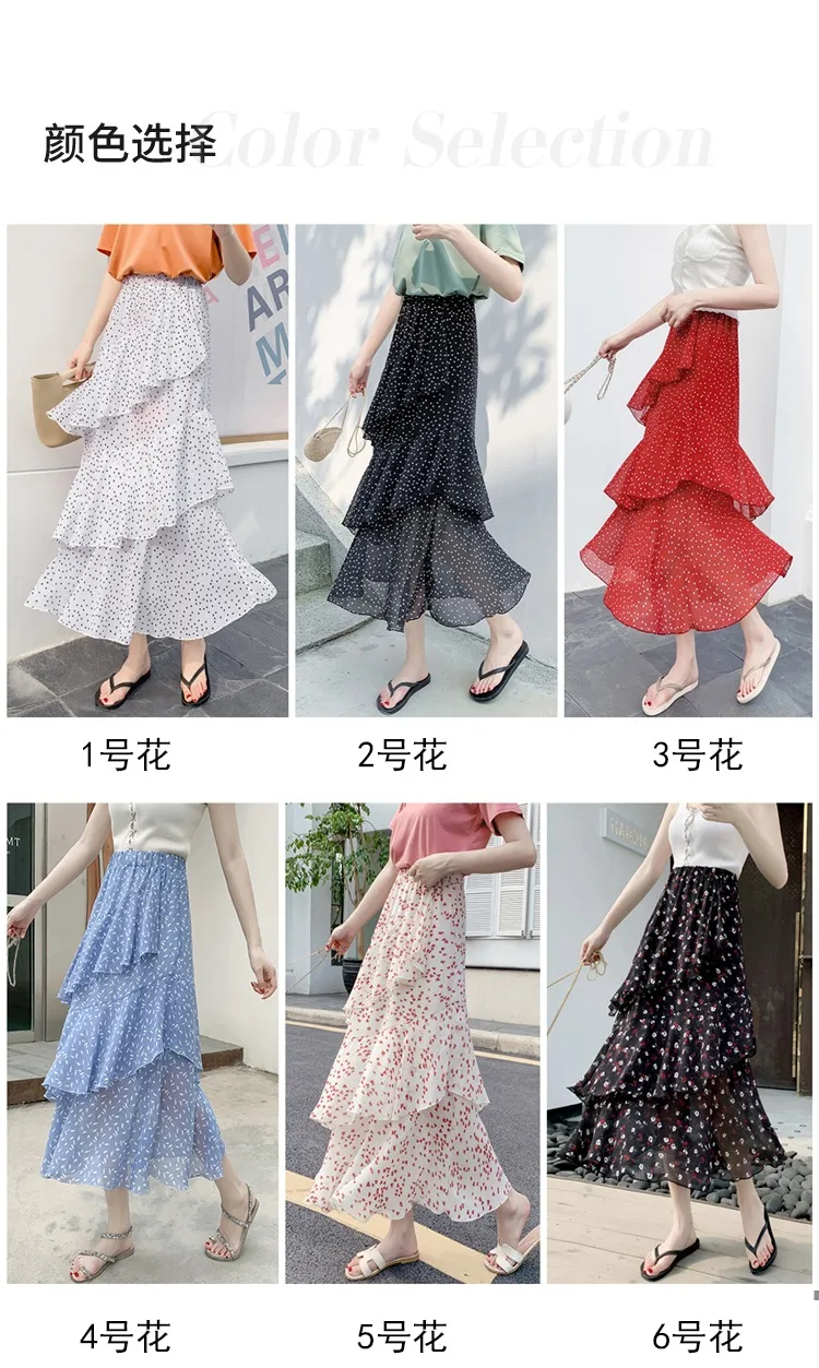 Summer Skirts Womens 2022 New Polka Dots Floral Print Chiffon Pleated Skirt Irregular Cake Skirt Casual Midi Skirt Women Clothes hoop skirt