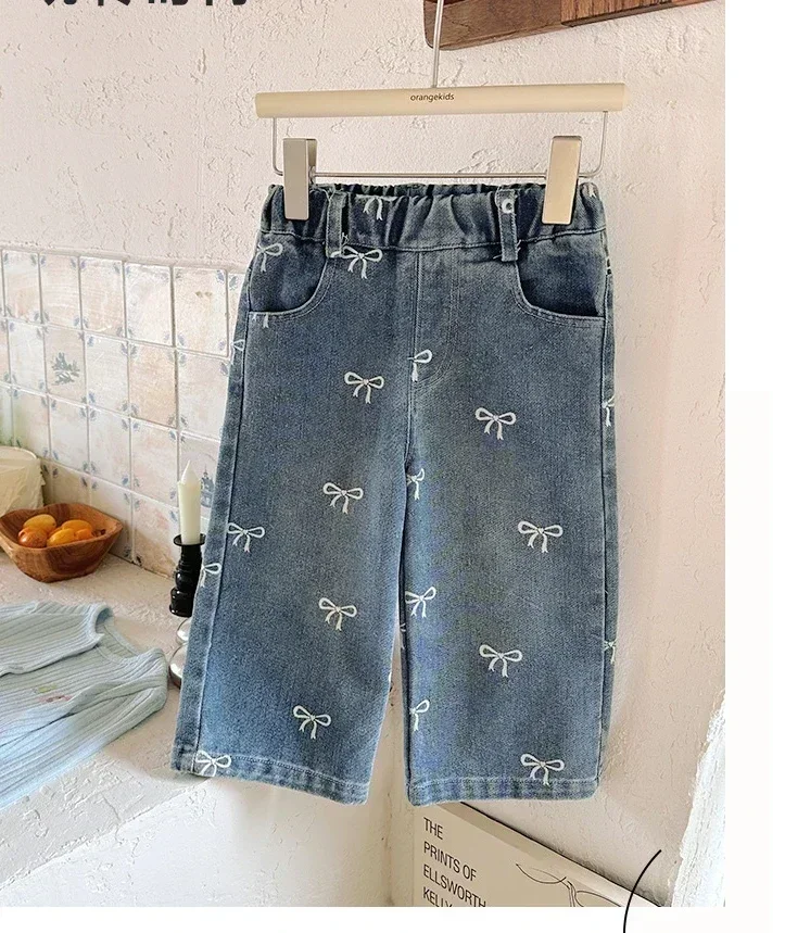 4626 Children Pant Spring and Autumn Korean Printed Bows Baby Girl's Jeans Straight Denim Pant 5