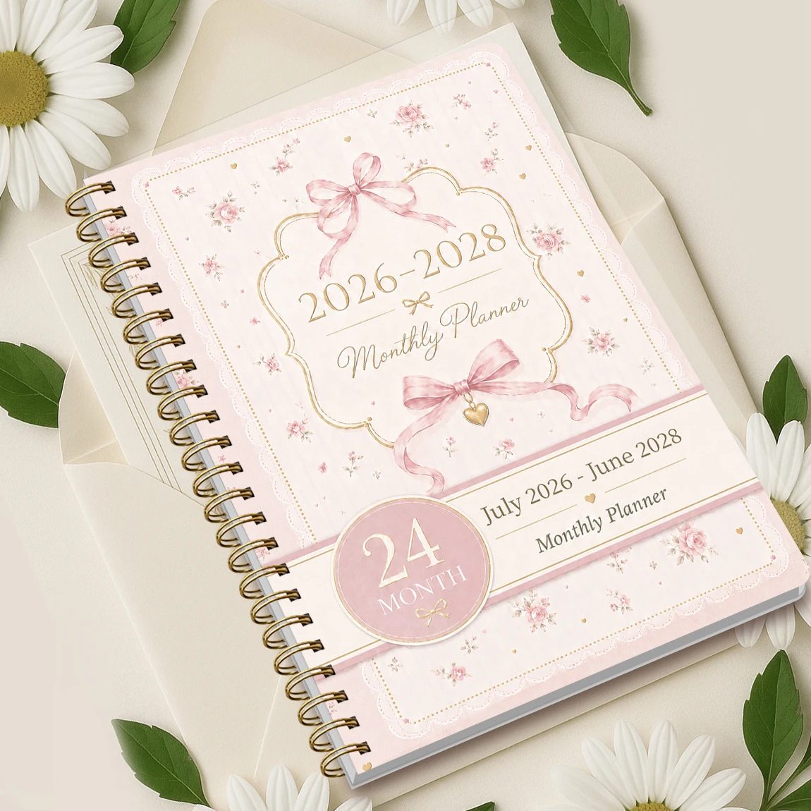 1 Pezzo Agenda Mensile Accademica 2026-2028, Calendario a Spirale A5 per 24 Mesi con Blocchi Grandi, Note, Copertina Floreale Rosa con Fiocco - immagine 6