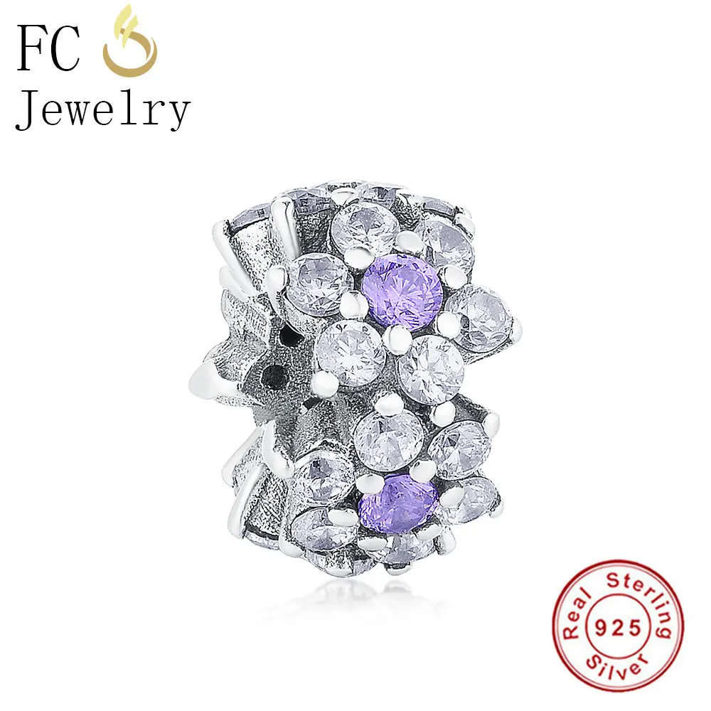 

FC Jewelry Fit Original Brand Charms Bracelet 925 Silver Forget Me Not Flower Purple Clear Zircon Crystal Beads Spacer Berloque