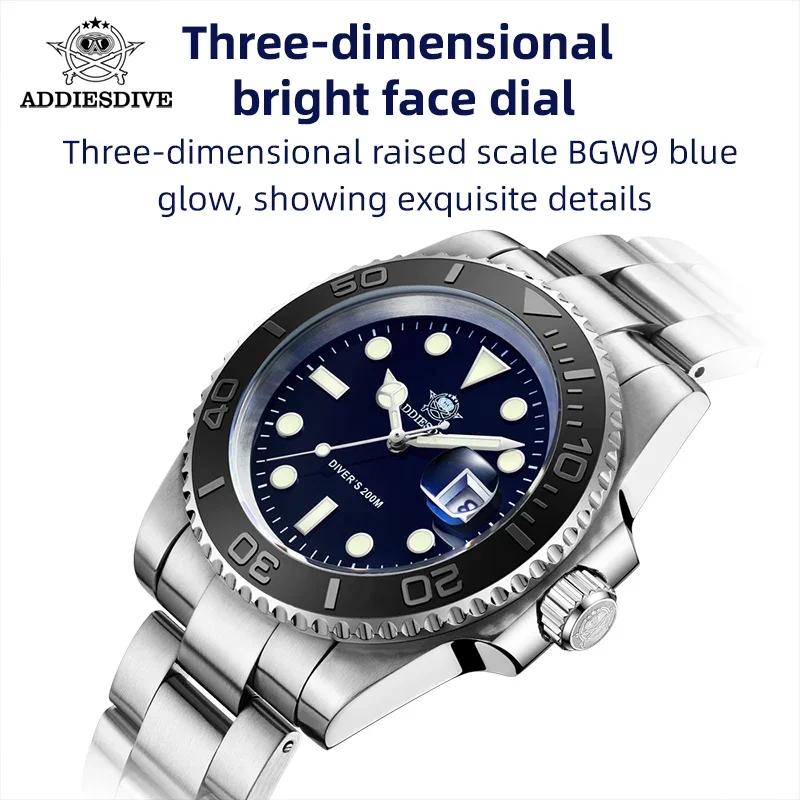 ADDIESDIVE 41mm Windows Display Quartz Watches 316L Stainless Steel 20Bar waterproof BGW9 Super Luminous Leisure Watch For Men