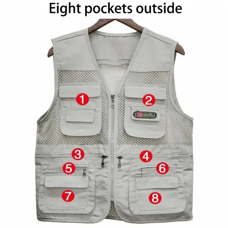 Summer Men's Sleeveless Vests Casual Solid Color Multi-pocket Mesh Patchwork Breathable Camping Fishing Photography Top