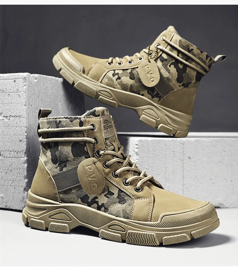 Mittelhohe Herren-Kampfstiefel zum Schnüren, Straßenmode, lässige und vielseitige Motorradstiefel, Outdoor-Camouflage-Wander- und Trekkingstiefel – Detail 6
