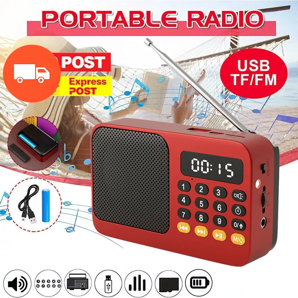 휴대용 충전식 디지털 FM USB TF MP3 플레이어 휴대용 라디오 음악 플레이어 스피커 장치 LED 디스플레이 라디오 포함