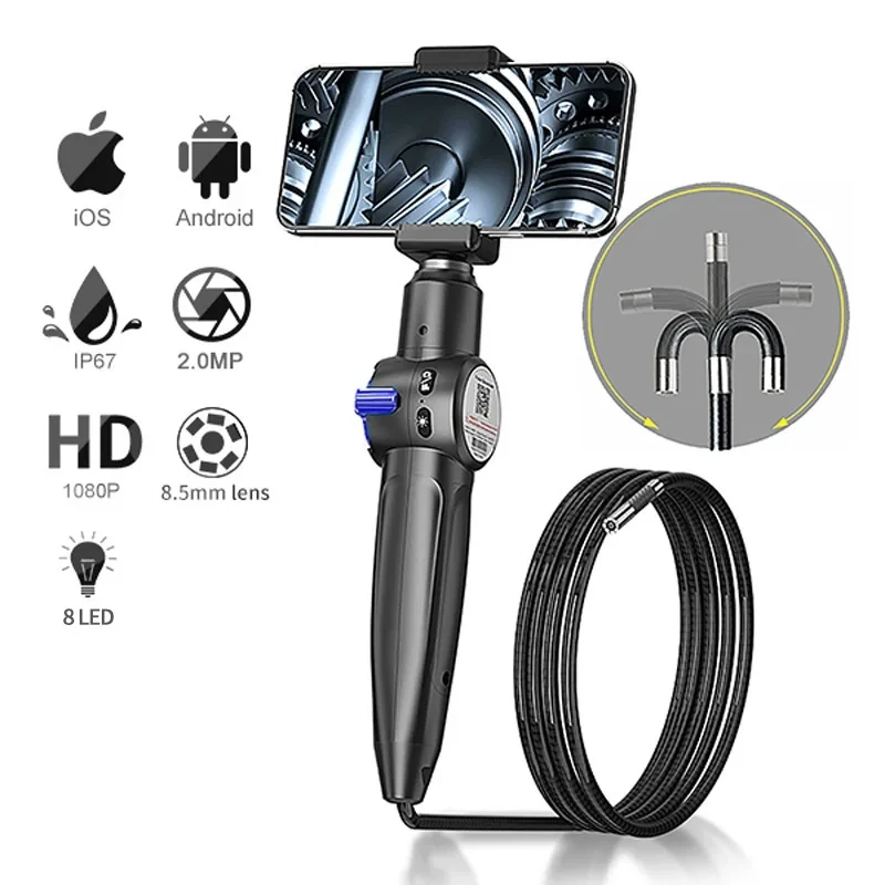 Inspection Camera 360&deg; Two-Way Rotary Articulating Endoscope HD 1080P With 8 LED For Car Engine Inspection