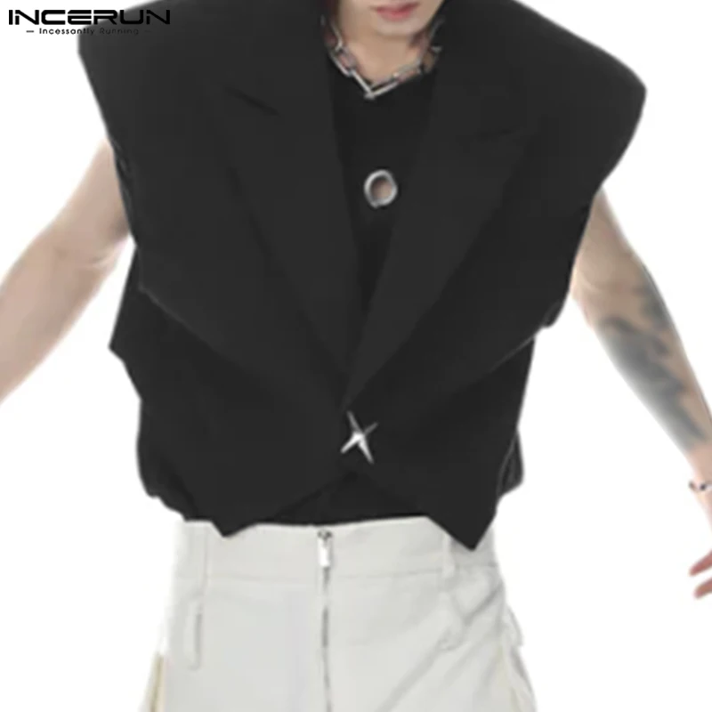 

INCERUN мужской однотонный жилет с отворотом без рукавов на одной пуговице, повседневный укороченный жилет, Мужская Уличная одежда 2024, Модные жилеты для отдыха