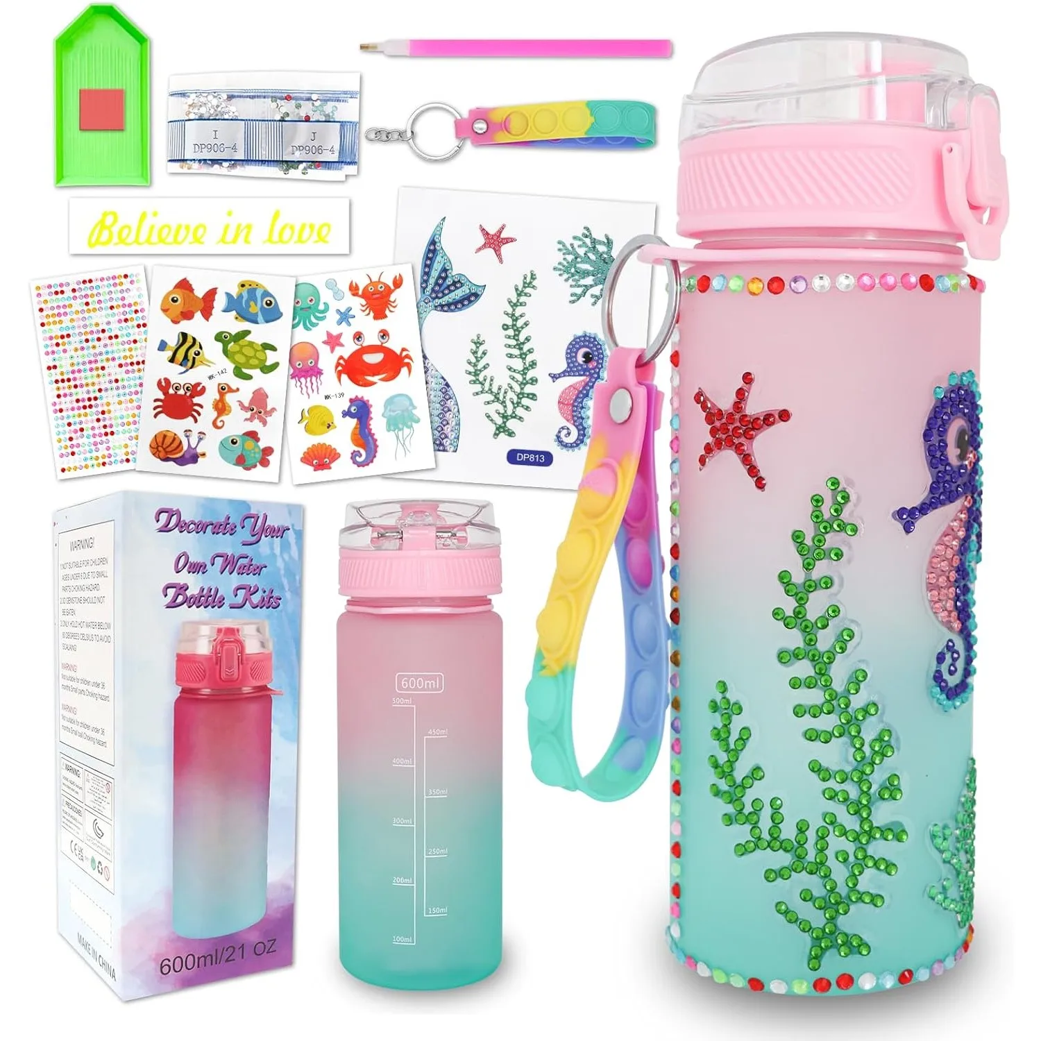 Description Picture 2 of item1 Set Decorate Your Own Water Bottle Kits, Mermaid Unicorn Themed Diamond Painting Cup, Fun Arts and Crafts Gifts Toys for Gift