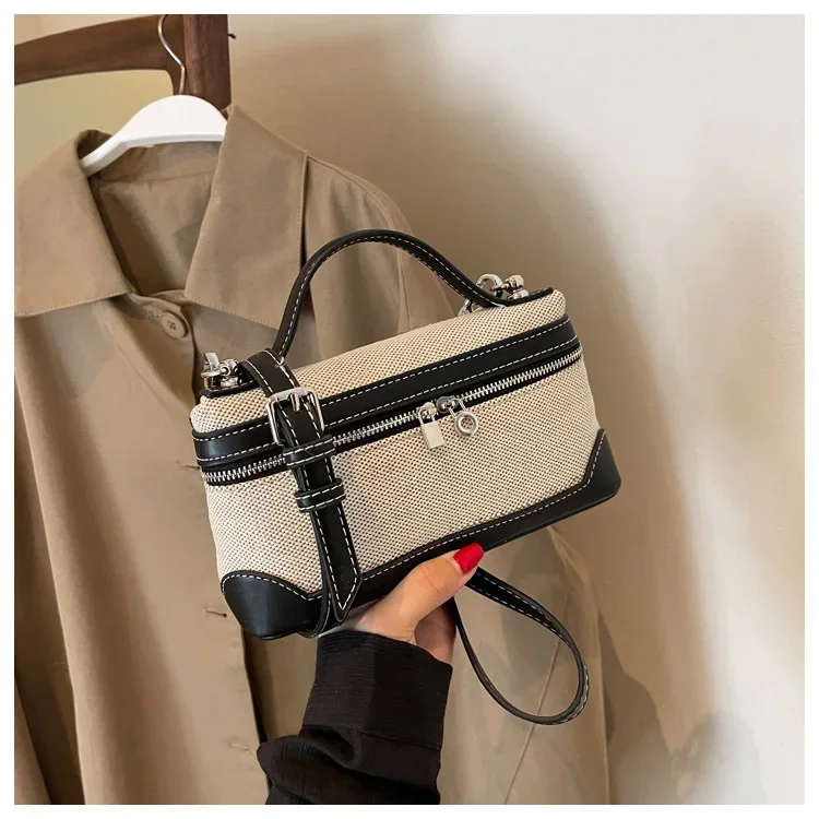 retro canvas handbag for women,women’s summer crossbody bag,contrast color casual handbag,small square canvas shoulder bag,casual women’s sling bag,retro fashion canvas purse,lightweight canvas handbag